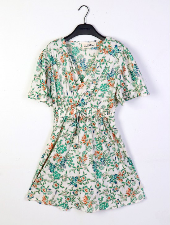 Stretchy Floral Print Dress w/ Cross Collar and Tie